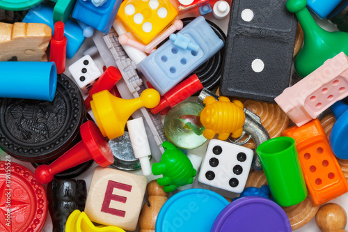 A pile of miscellaneous game pieces