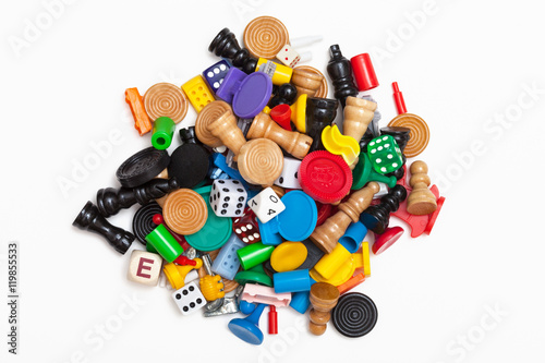 A pile of miscellaneous game pieces