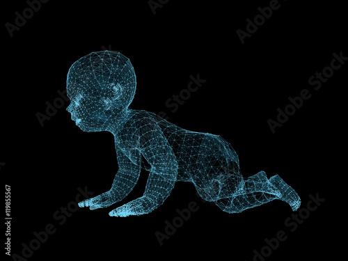 3d rendering of crawling baby with line and dots.wireframe baby 3d model. photo