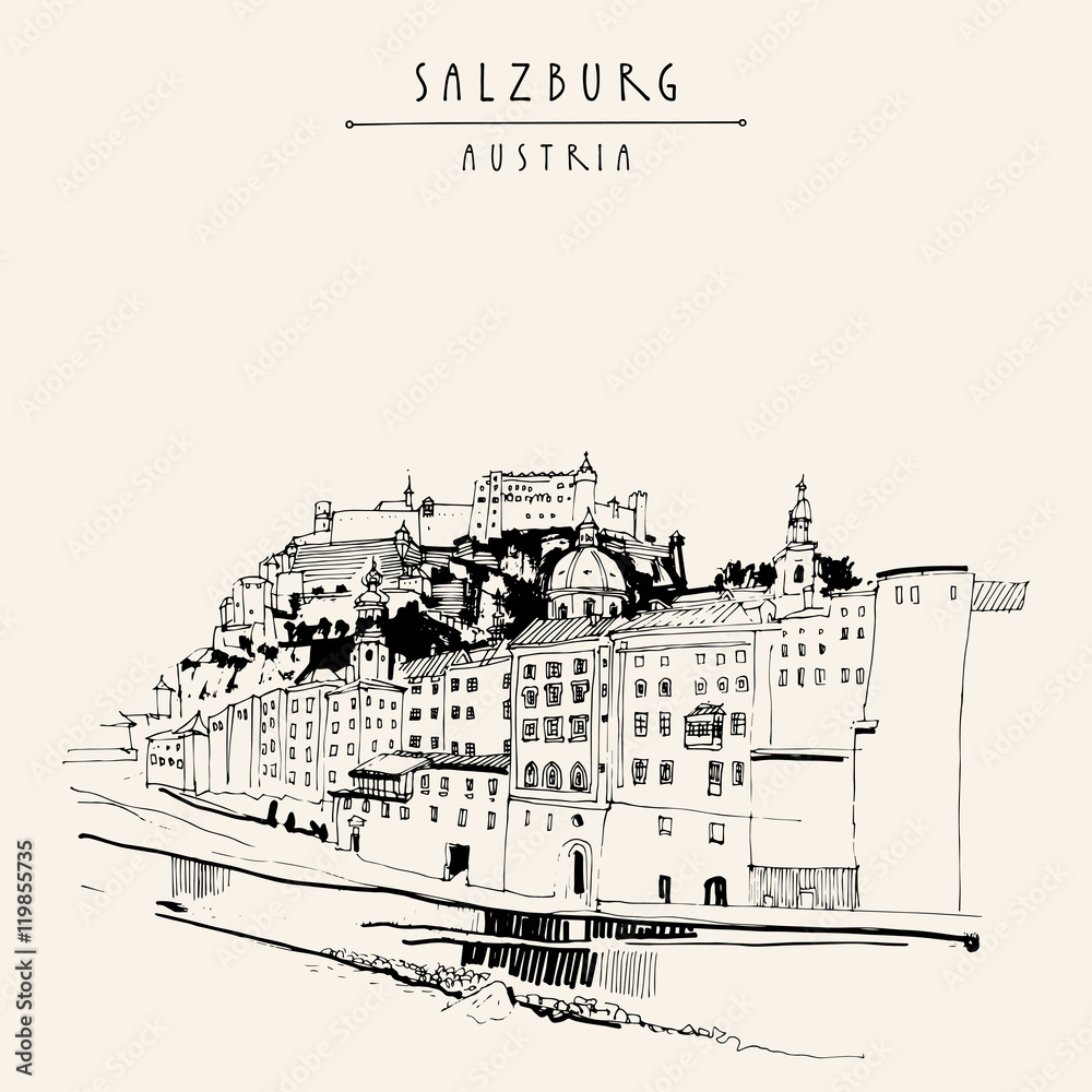 Salzburg, Salzburger Land, Austria, Europe. Festung Hohensalzburg castle, church, houses,  Salzach river. Hand drawing. Travel sketch. Vintage touristic postcard, poster or book illustration