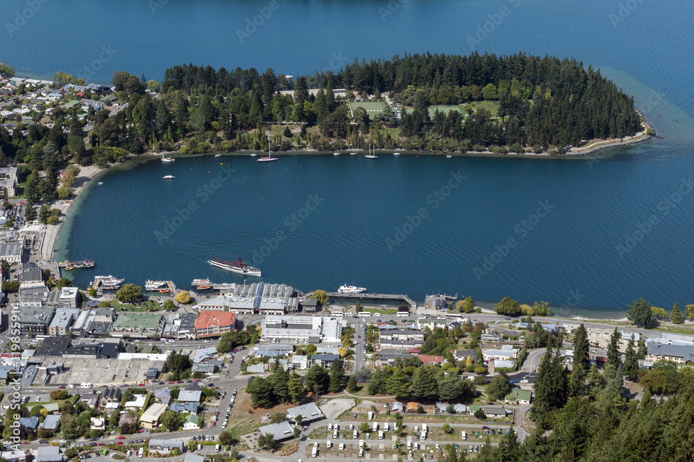 Arial view of Lake Wakatipu and Queenstown, south island of New Zealand