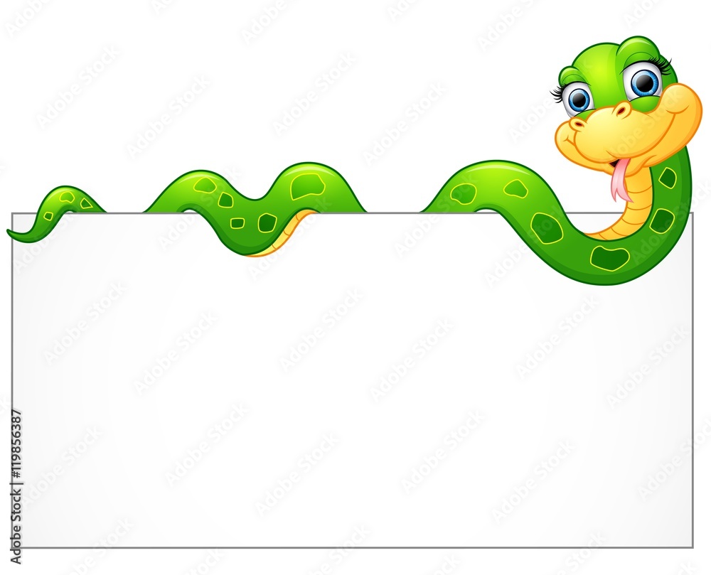 Fototapeta premium Happy green snake with blank sign