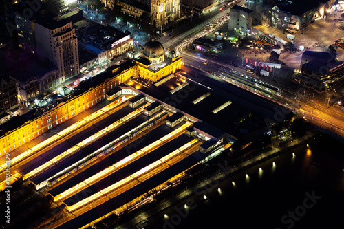Aerial view of Flinders Street Station in Melbourne CBD at night. Melbourne, Victoria, Australia