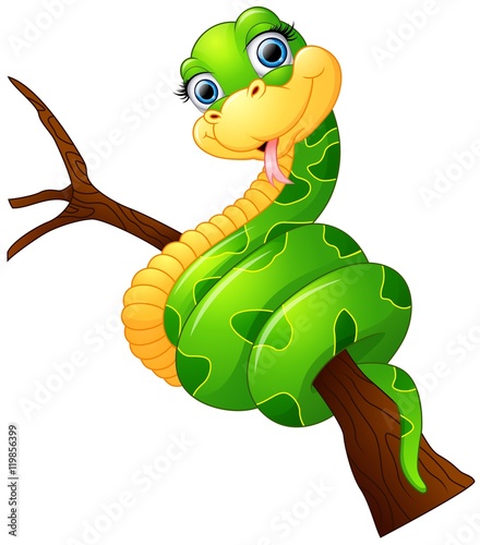 Happy green snake on the branch