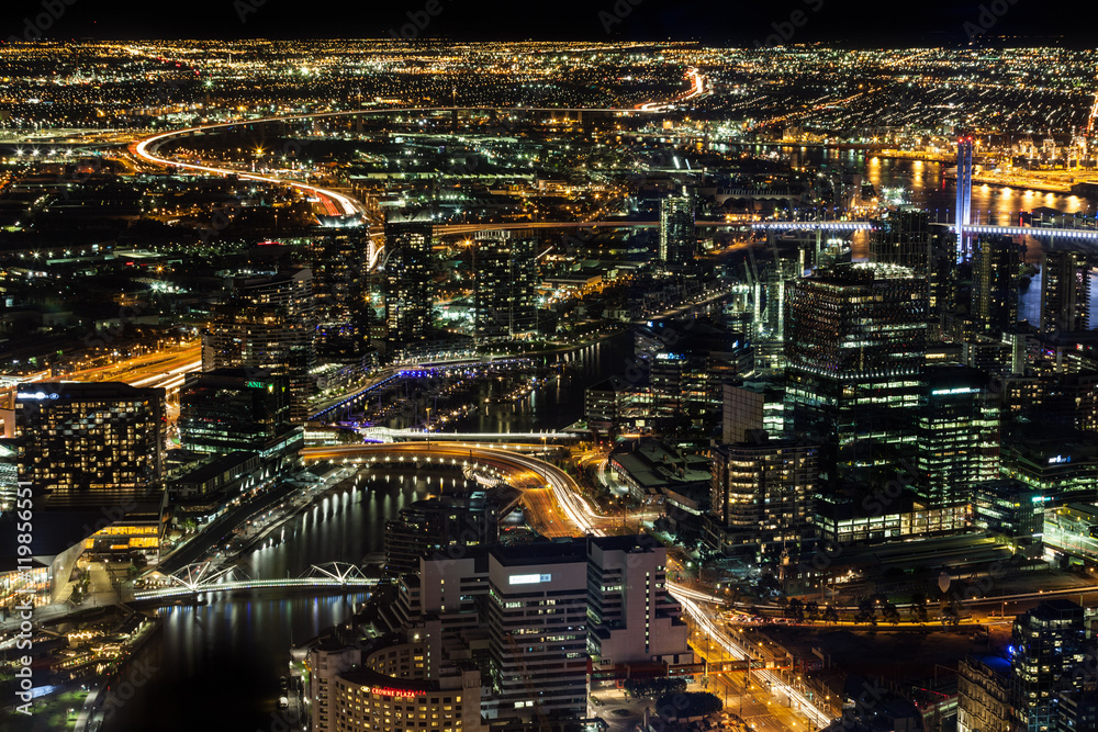 Fototapeta premium Aerial night view of Melbourne CBD and Yarra River. Melbourne, Victoria, Australia