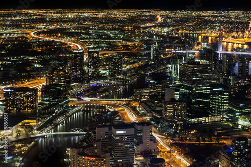Aerial night view of Melbourne CBD and Yarra River. Melbourne  Victoria  Australia