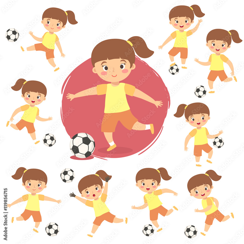 Set of cute Girl Kid Playing Football Soccer Vector illustration