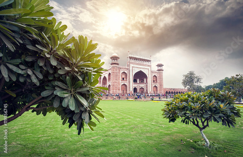 Great gate of Taj Mahal at beautiful sky in India photo