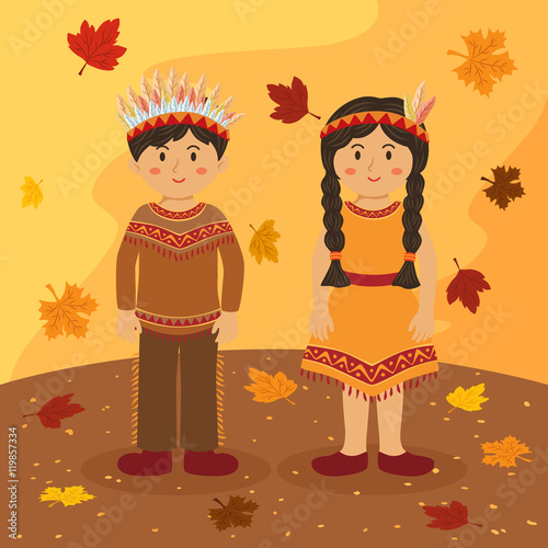 Vector illustration of thanksgiving greeting card with indian boy and  girl with costume on autumn background