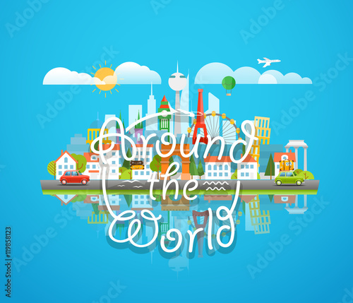 Dirrefent world famous sights. Around the world concept. Modern