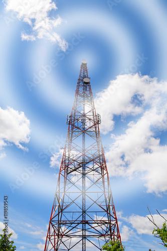 Communication tower, mobile radio signal visualisation, cell site, cell tower, cellular telephone site antenna or aerial waves. Electronic communications equipment, for wireless transceivers.