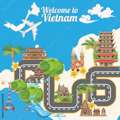 Travel to Vietnam. Set of traditional Vietnamese cultural symbols. Vietnamese landmarks and lifestyle of Vietnamese people