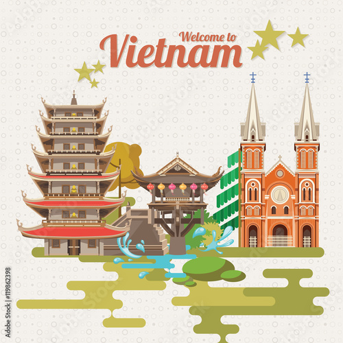 Travel to Vietnam. Set of traditional Vietnamese cultural symbols. Vietnamese landmarks and lifestyle of Vietnamese people