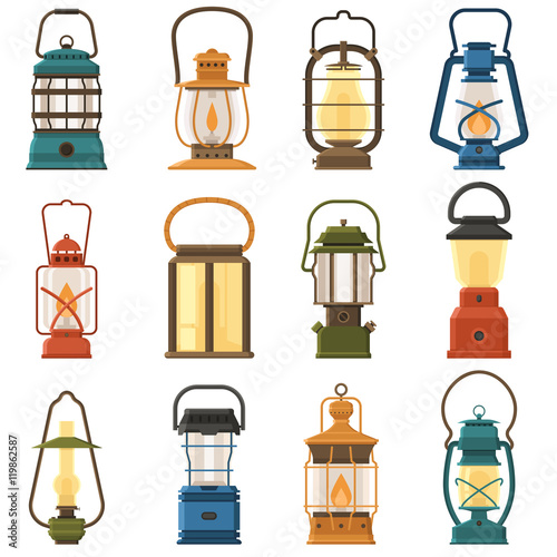 Vintage camping lantern set isolated on white background. Different oil lamp collection. Modern and retro lanterns vector illustration. Various handle gas lamps for tourist hiking. photo