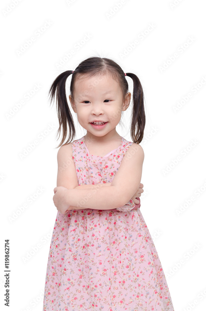 Little asian girl in beautiful pink dress over white Little asian girl in beautiful pink dress over white