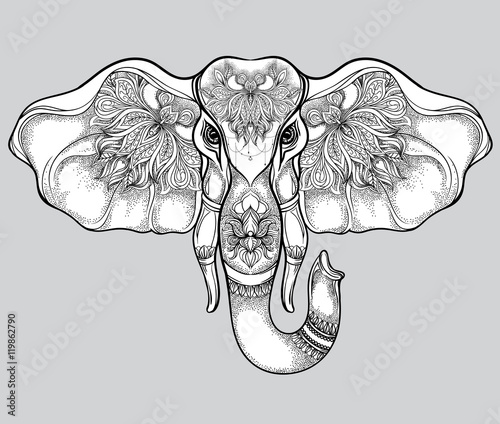 Hand drawn elephant head with mandala pattern. Vector 