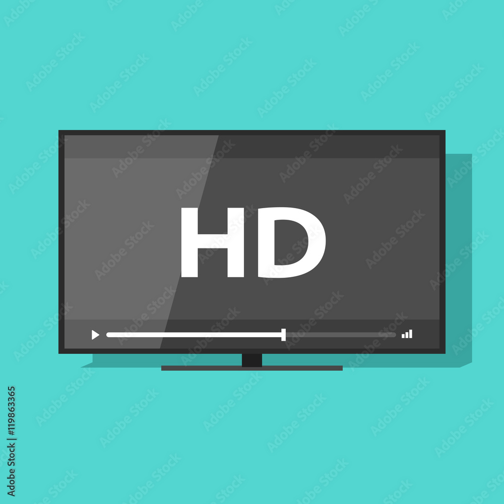 Flat screen tv with HD video label vector icon, led television display with high definition digital technology symbol Flat screen tv with HD video label vector icon, led television display with high definition digital technology symbol