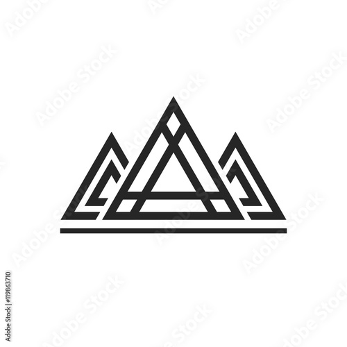 Abstract sacred geometry triangles logo sign isolated on white background, concept of royal king emblem, luxury constructions, pyramid shapes line art outline design