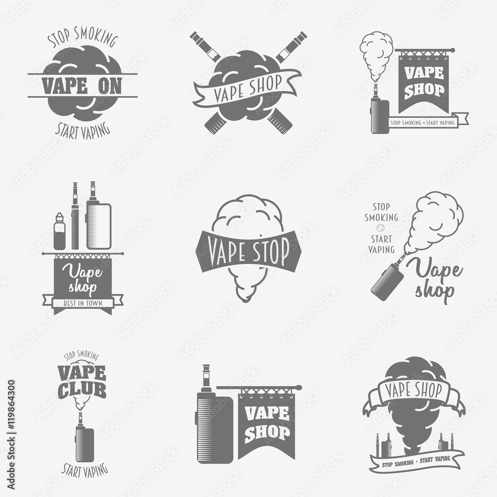 Fototapeta Set of vape, e-cigarette emblems, labels, prints and logos isolated on white background. Vintage vector illustration.