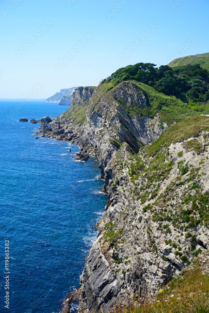 Elevated view along the rugged Jurassic coastline at Lulworth Cove.