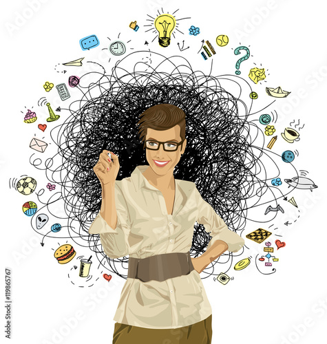 Vector Hipster Business Woman Writing Something