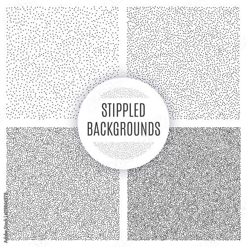 Set of black and white grainy dotwork textures. Retro halftone stippled backgrounds.