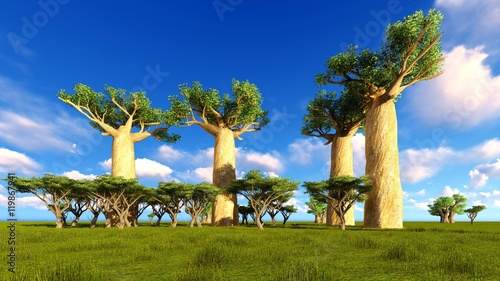 Photography 3d illustration of the elephant walking near baobab trees