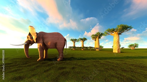 Photography 3d illustration of the elephant walking near baobab trees