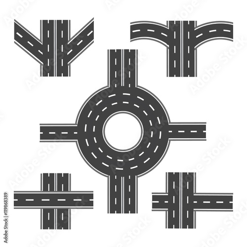 Set of different road sections with roundabouts and various intersections . illustration