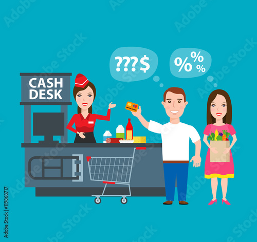 supermarket shopping cash desk man and woman buying products