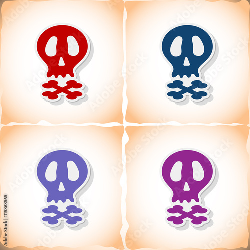 Skull. Flat sticker with shadow on old paper