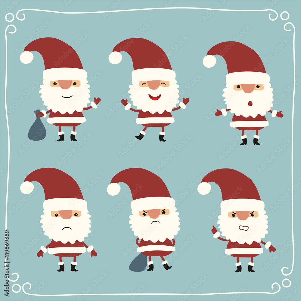 Vector set funny Santa Claus in cartoon style. Collection isolated Santa Claus. Emotions Santa Claus Vector set funny Santa Claus in cartoon style. Collection isolated Santa Claus. Emotions Santa Claus