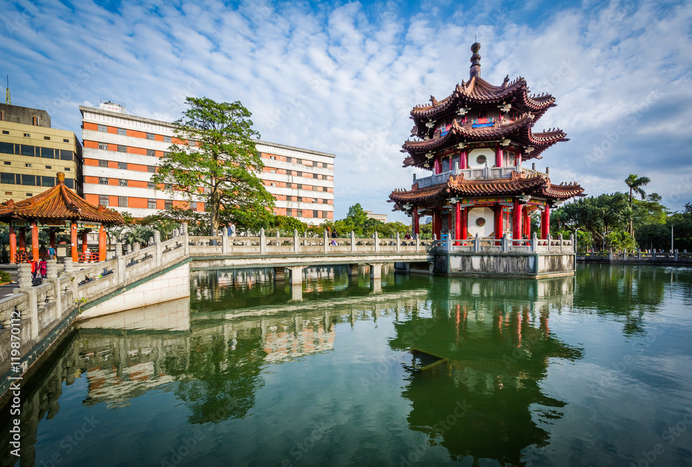 Historic building and pond at 2/28 Peace Park, in Taipei, Taiwan