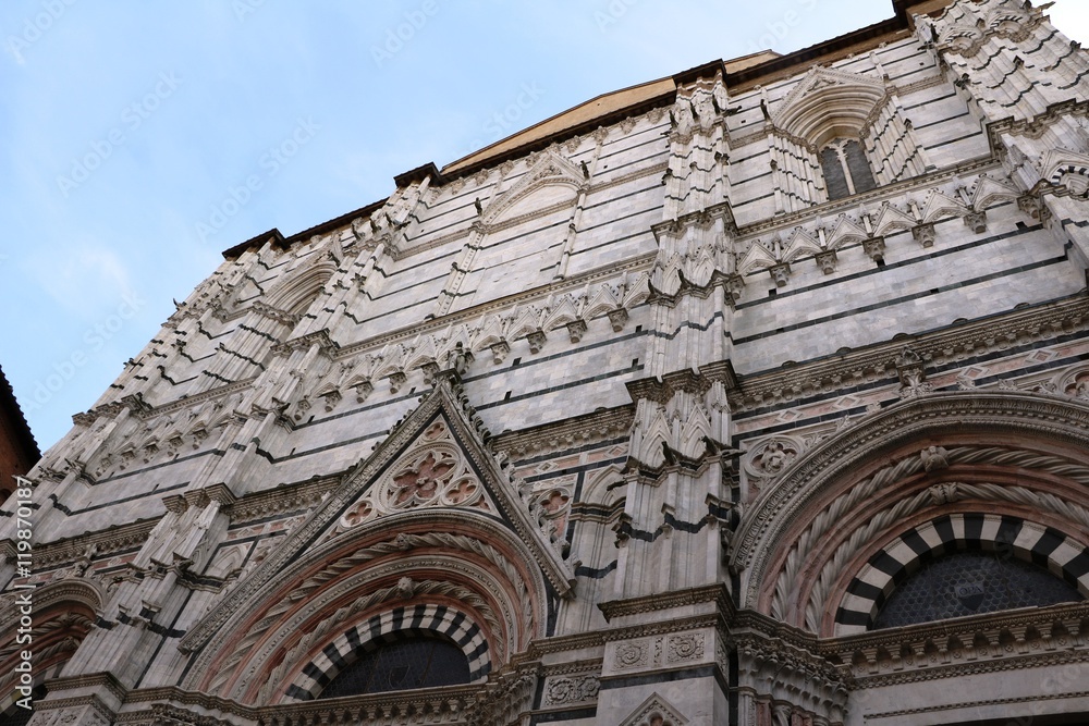 Upwards view to Baptistery of San Giovanni in Siena, Tuscany Italy