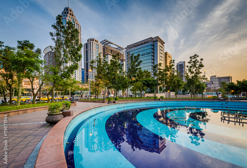 Pool and modern skyscrapers at Banqiao, in New Taipei City, Taiw
