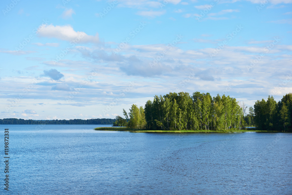 Obraz premium Beautiful landscape with lake, forest and sky