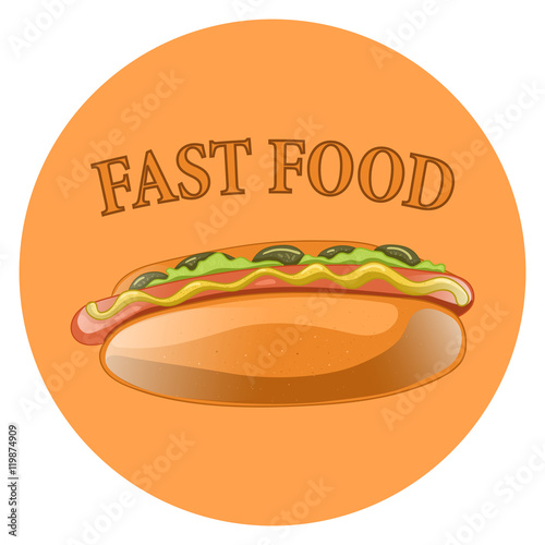 Hot Dog Cartoon Illustration. Classic american fast food - sausage with mustard in a bun. Hotdog sandwich. Vector isolated icon of hot-dog for poster, menus, brochure, web and mobile application.