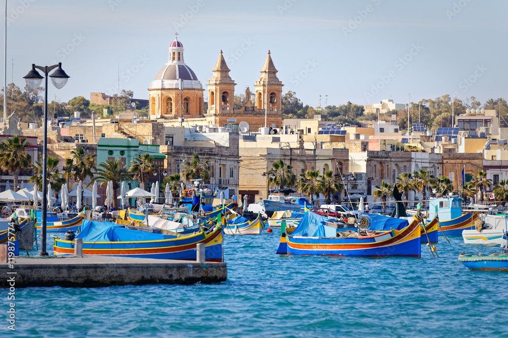 Port and Luzzu in Marsaxlokk, Malta
