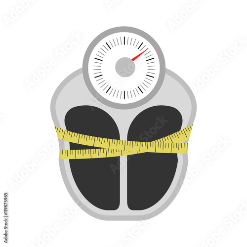 Weight with measuring tape on white background. Concept of diet and obesity. Keep slim, follow diet.