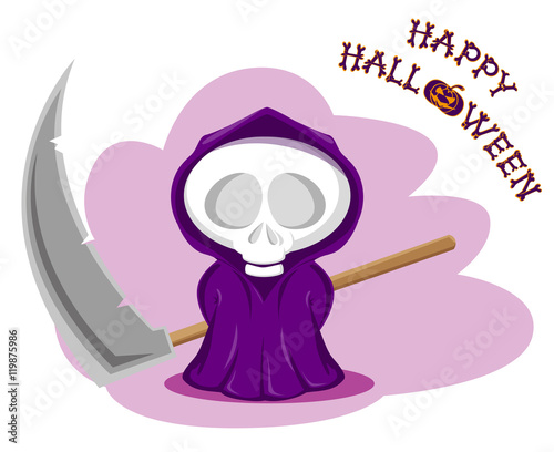 Funny little death with a large scythe. Title Happy Halloween from bones isolated on white background. Cartoon style. Vector illustration