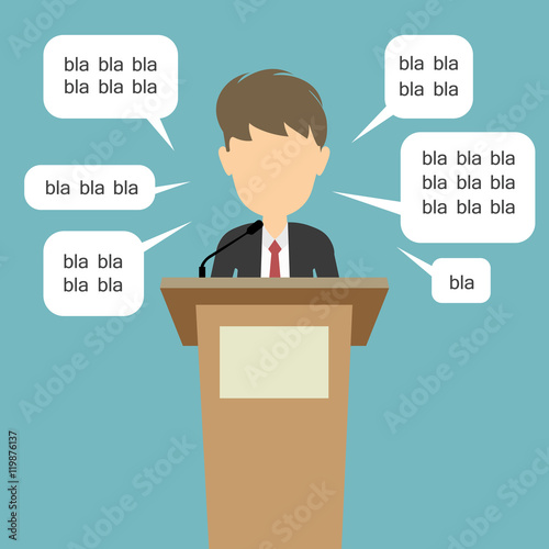 Blah blah politician. Concept of lie on debates or president election. Blank template face with speech bubbles. Male speaker.