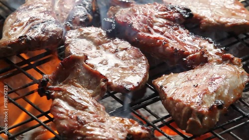 cooking barbecue steak on the hot grill in camping time, high definition, Full HD, 1920x1080