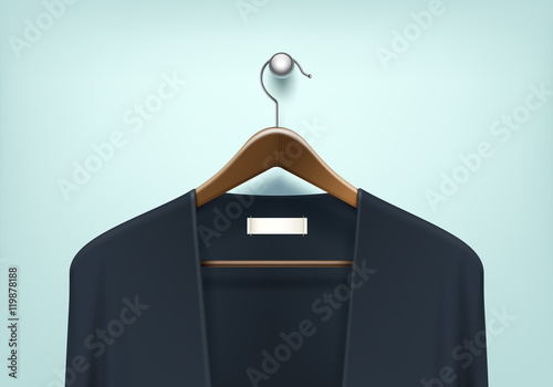 Vector Clothes Coat Brown Wooden Hanger with Blue Black Sweater Cardigan Jumper with Blank Tag Label on Background