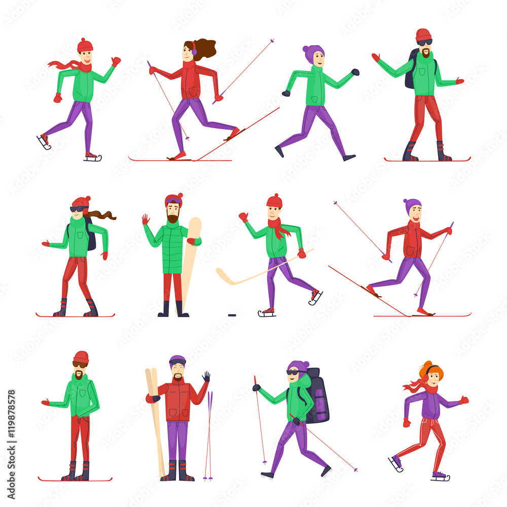 Winter Sports and Activities. Hockey, skiing, snowboarding, ice skating. Flat design vector Illustration collection. Winter Sports and Activities. Hockey, skiing, snowboarding, ice skating. Flat design vector Illustration collection.
