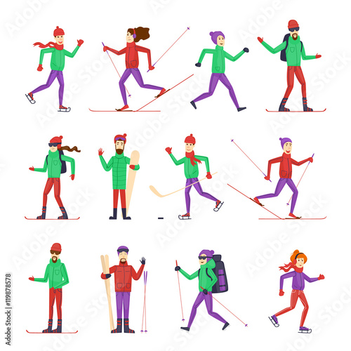 Winter Sports and Activities. Hockey, skiing, snowboarding, ice skating. Flat design vector Illustration collection.