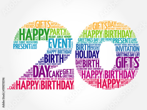 Happy 20th birthday word cloud collage concept