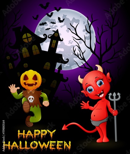 Halloween pumpkin costumes with a devil on haunted castle background