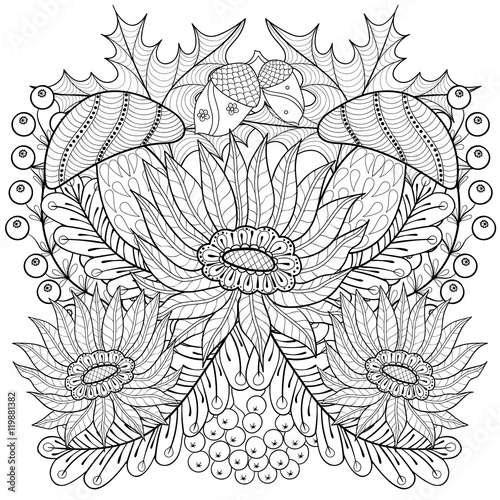 Vector autumn patterned background with oak acorns, sunflower, R