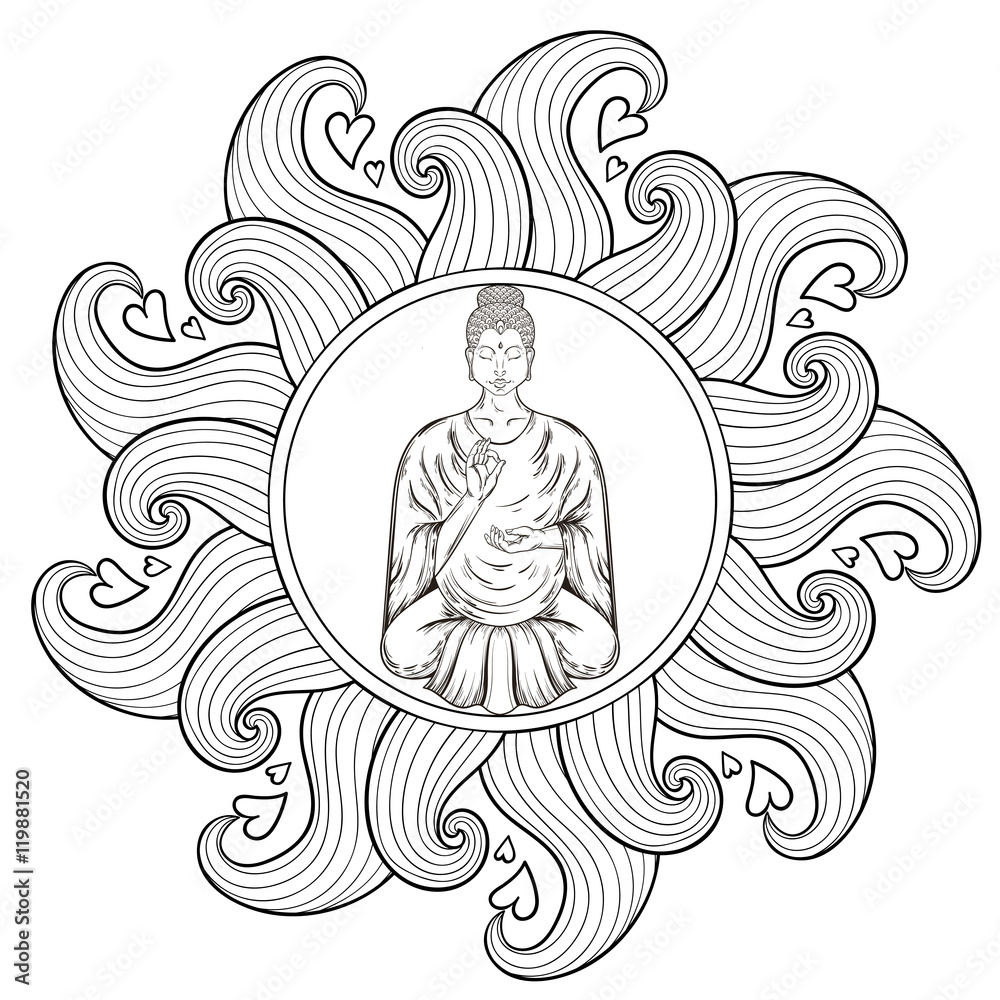 Vector Sitting Buddha in Lotus pose, in waves mandala, teaching