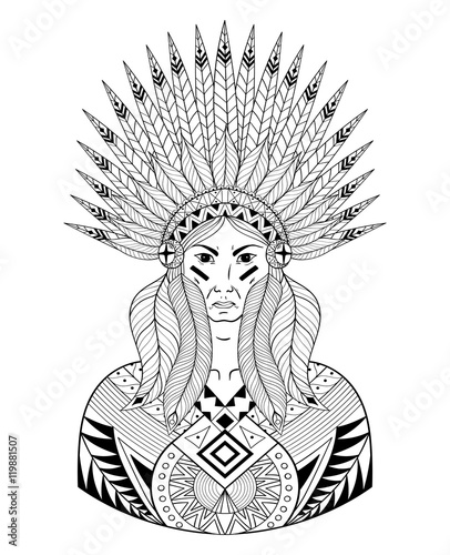 Vector Portrait of Indian head with zentangle War Bonnet. Decora
